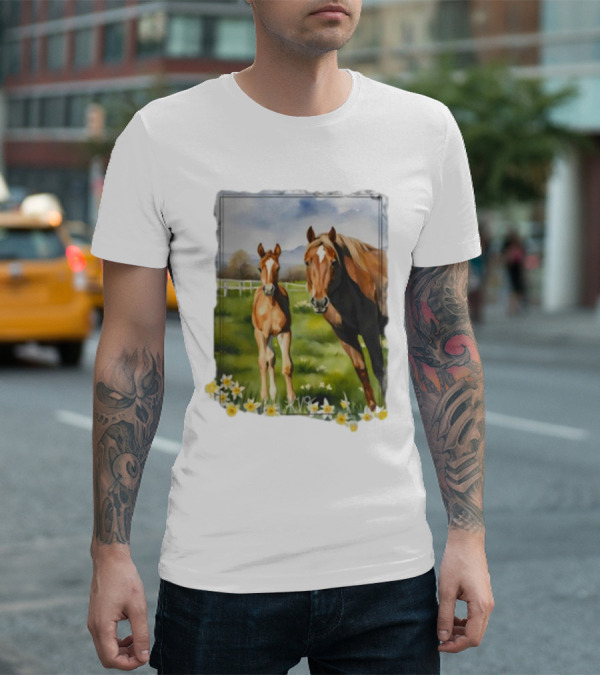 Ginger And Freddie Horses In Scenic Pasture With Daffodils T-Shirt