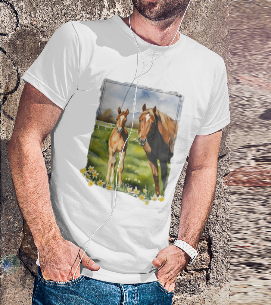 Ginger And Freddie Horses In Scenic Pasture With Daffodils T-Shirt