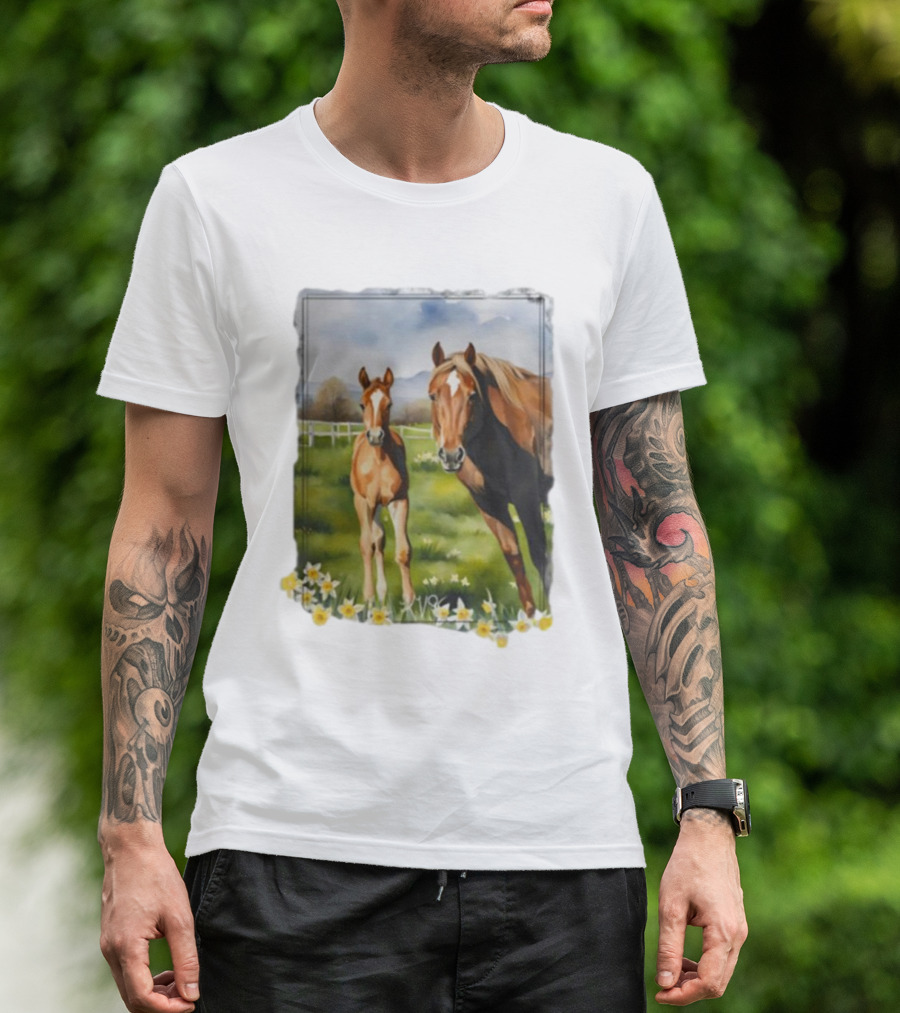 Ginger And Freddie Horses In Scenic Pasture With Daffodils T-Shirt