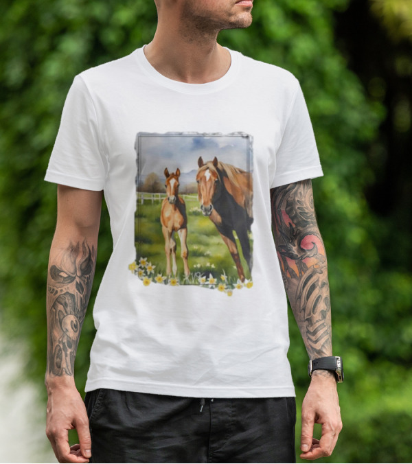 Ginger And Freddie Horses In Scenic Pasture With Daffodils T-Shirt
