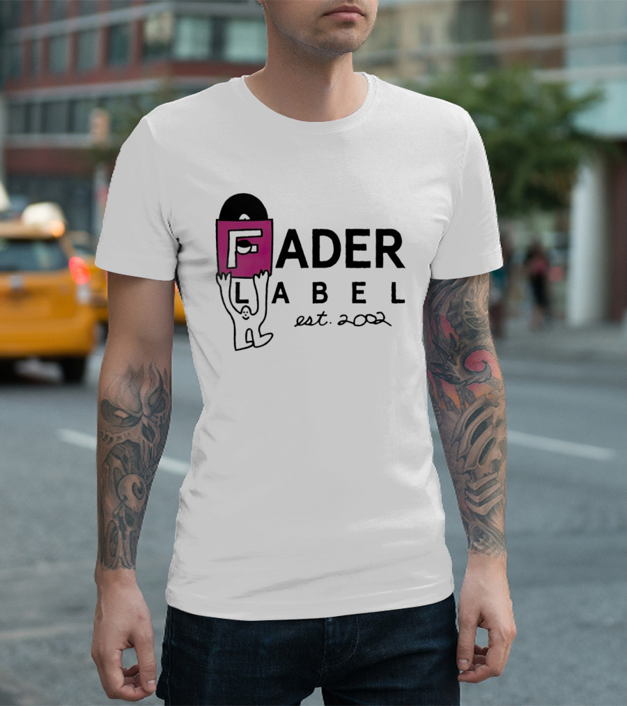 Fader Label Est 2002 Vinyl Record Icon with Pink Block F and Cartoon Character T-Shirt