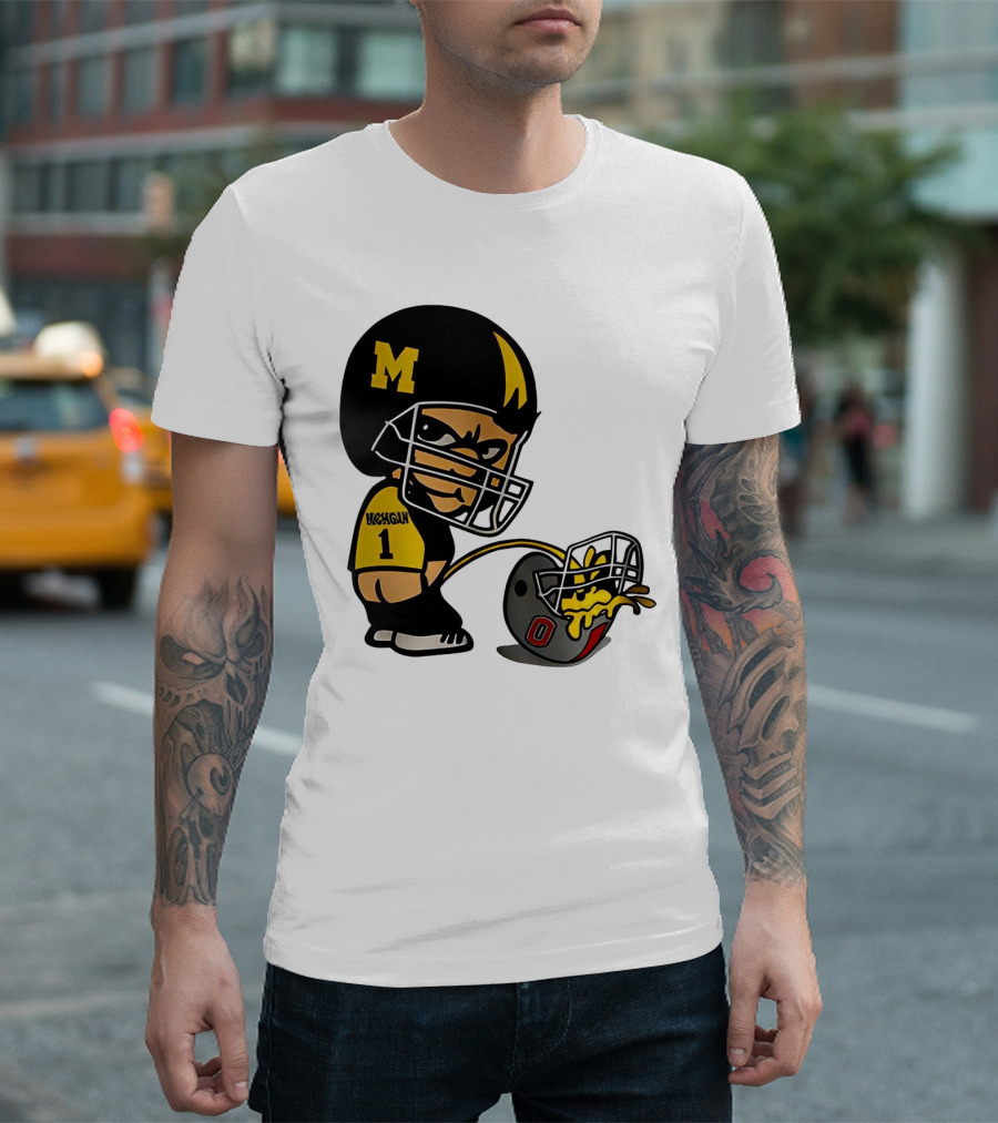 Michigan Wolverines M Football Player Pissing On Ohio State Helmet With O T-Shirt