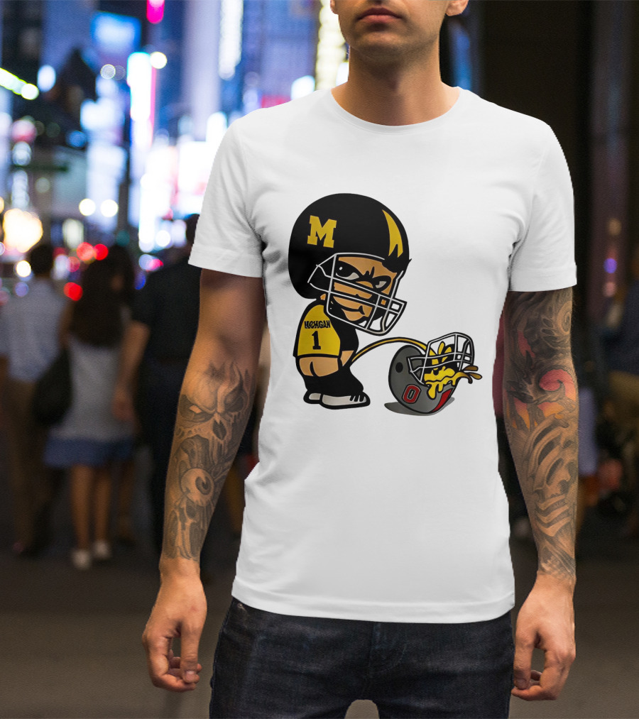 Michigan Wolverines M Football Player Pissing On Ohio State Helmet With O T-Shirt