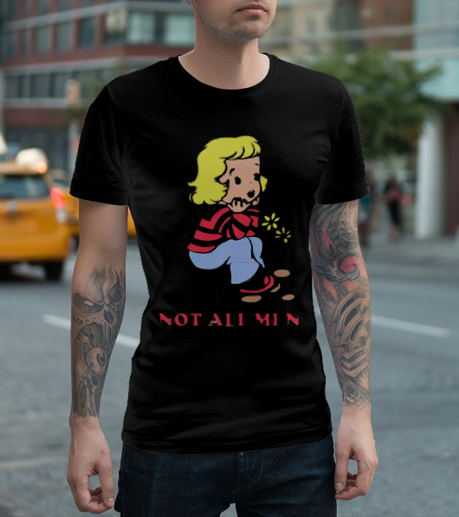 Not All Men But Somehow Always a Man Cartoon Character Sitting on Steps with Flowers T-Shirt
