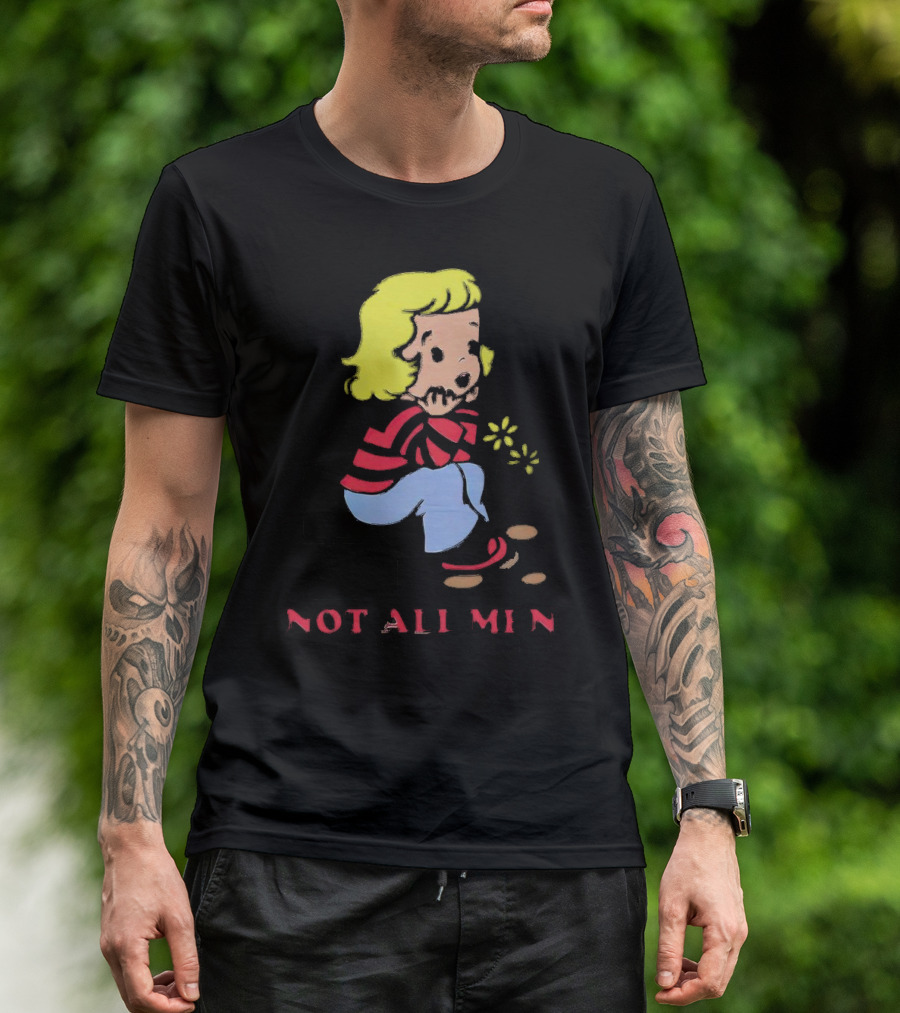 Not All Men But Somehow Always A Man Cartoon Character Sitting On Steps With Flowers T-Shirt