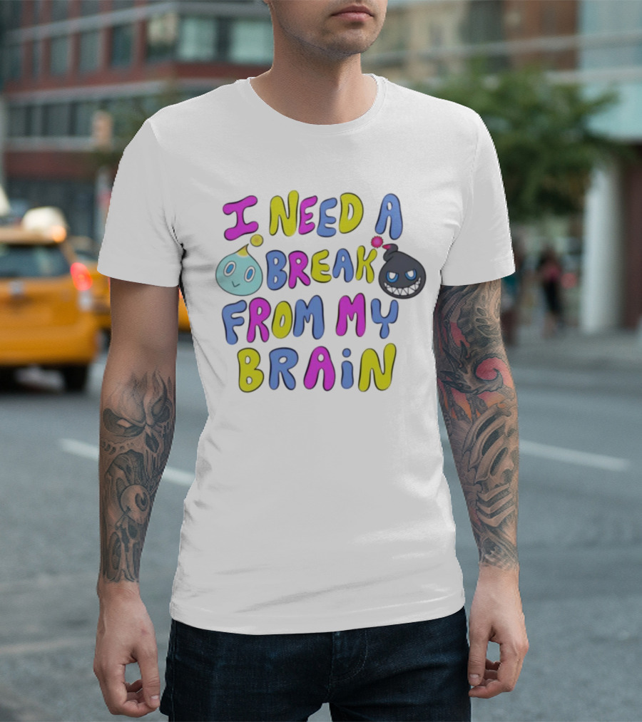 I Need a Break from My Brain with Playful Cartoon Characters T-Shirt