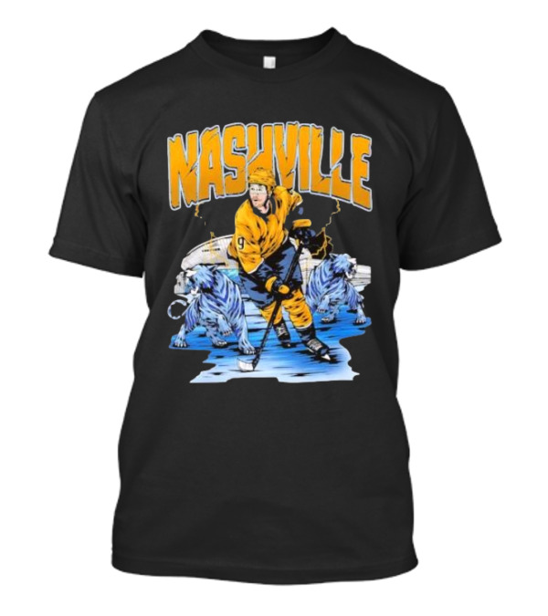 Nashville Predators Filip Forsberg Hockey Number 9 Action With Ice Background And Predators Lions T-Shirt
