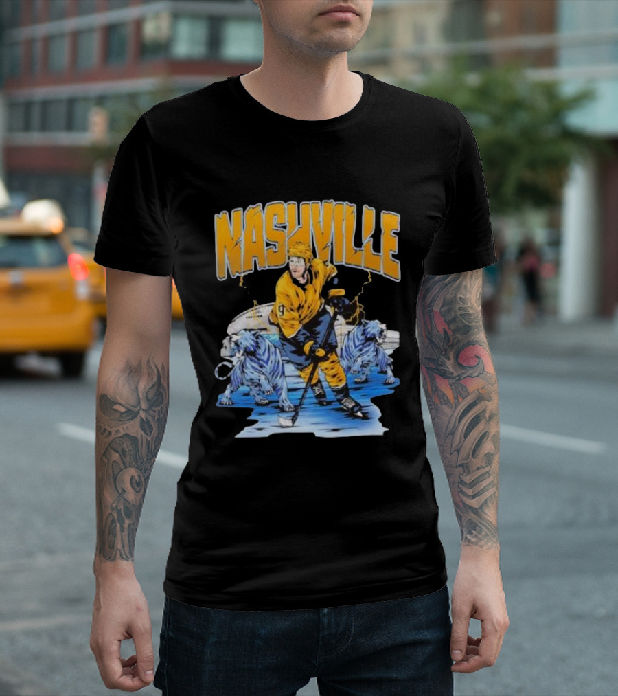 Nashville Predators Filip Forsberg Hockey Number 9 Action with Ice Background and Predators Lions T-Shirt