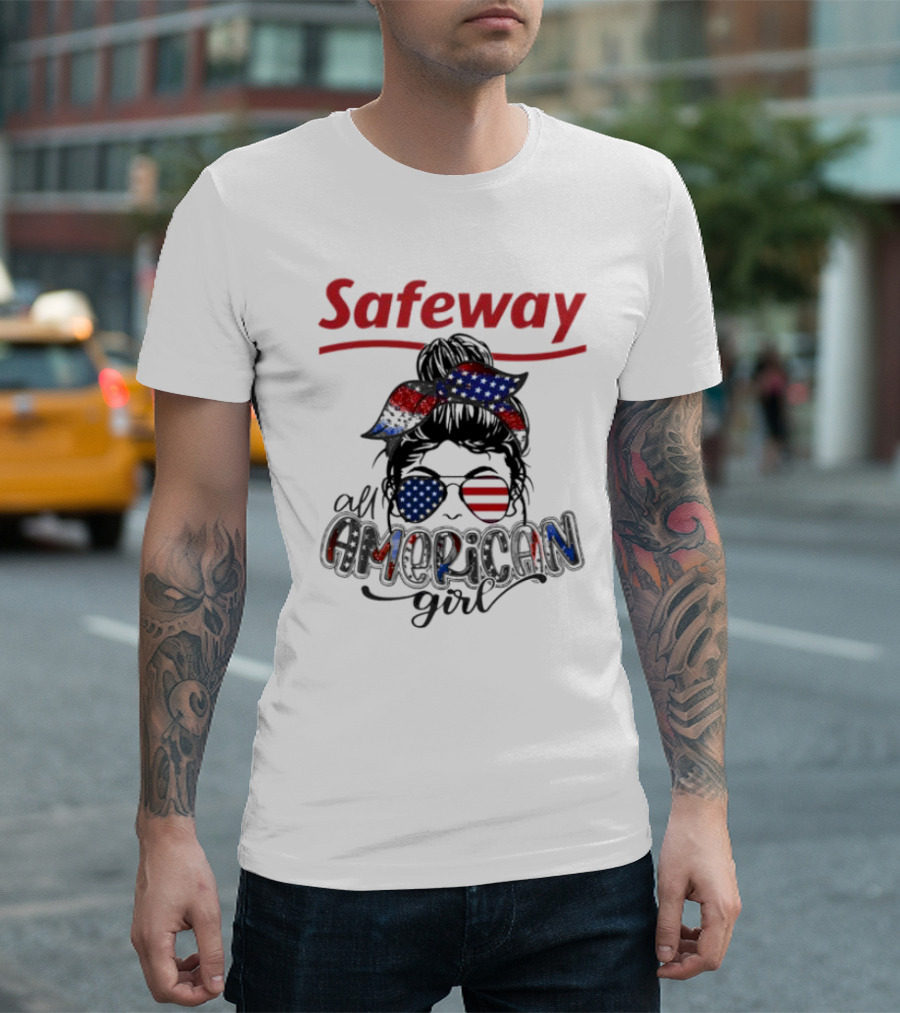 Safeway All American Girl Messy Bun Red White Blue Glasses Bandana T-Shirt