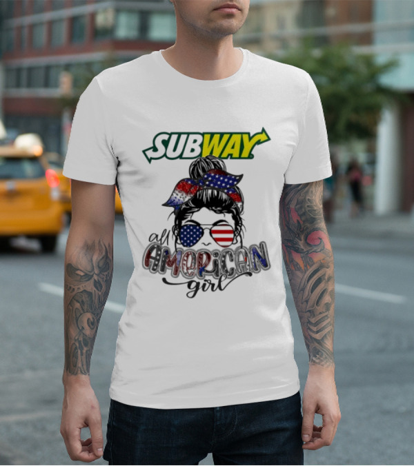 Subway All American Girl Messy Bun Patriotic Bandana And Sunglasses T-Shirt