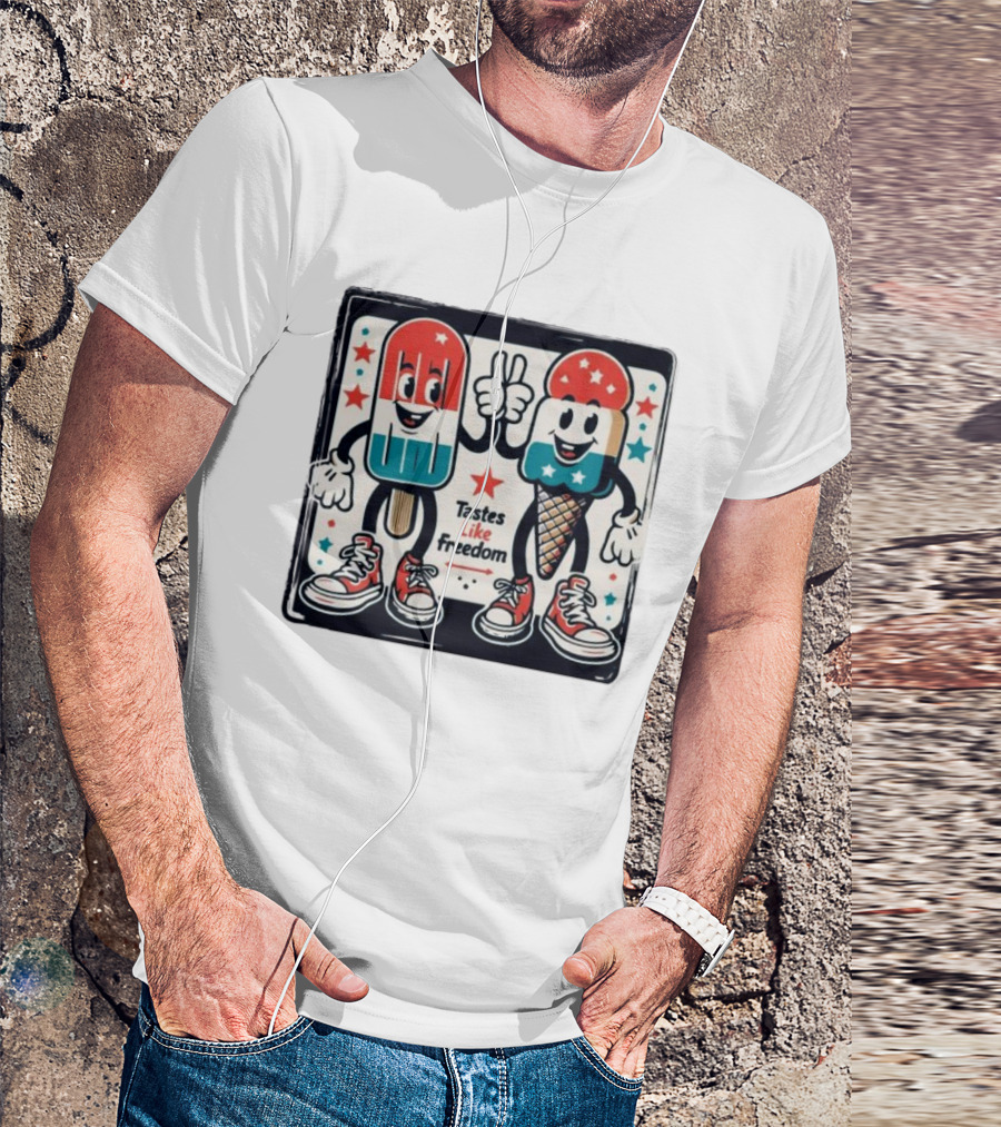Tastes Like Freedom Popsicle And Ice Cream Characters With Stars And Sneakers T-Shirt