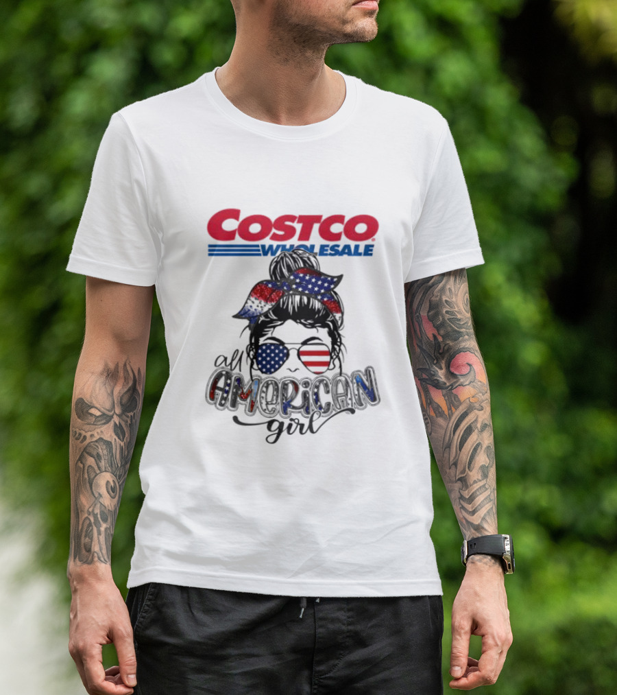 Costco Wholesale All American Girl Messy Bun Sunglasses Bandana USA Flag T-Shirt