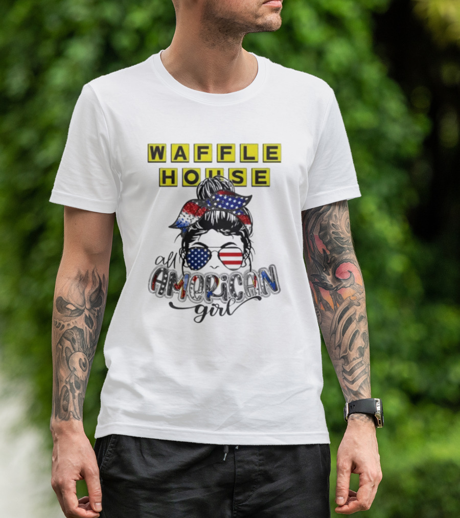 Waffle House All American Girl Messy Bun Patriotic USA Flag Glasses T-Shirt