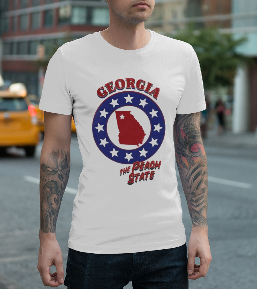 Georgia The Peach State Red and Blue Star Circle T-Shirt