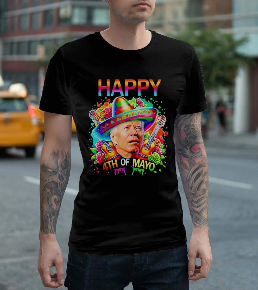 Happy 4th Of Mayo Funny Joe Biden Sombrero Guitars Flowers Cinco De Mayo T-Shirt