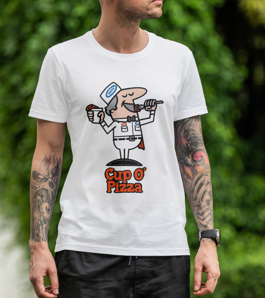 Cup O' Pizza Cartoon Character Eating From A Fork And Cup T-Shirt