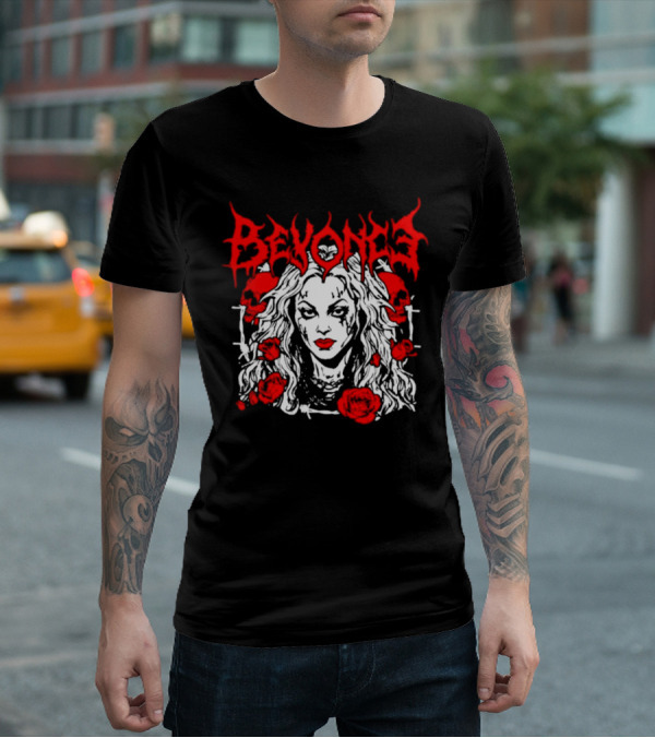 BEYONCÉ Rose Metal Gothic Style Skulls And Roses T-Shirt