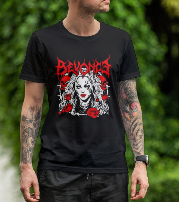 BEYONCÉ Rose Metal Gothic Style Skulls And Roses T-Shirt