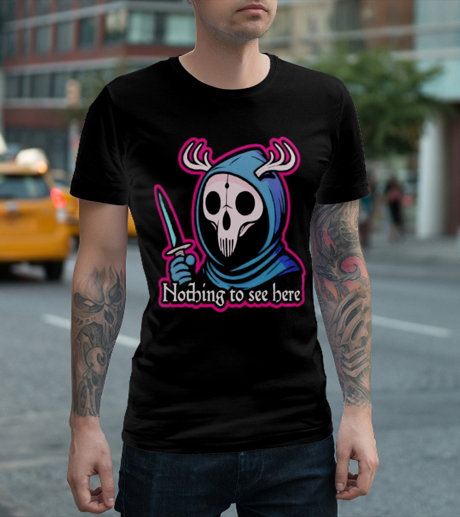 Grim Reaper Nothing to See Here Skull Hood Antlers Knife T-Shirt