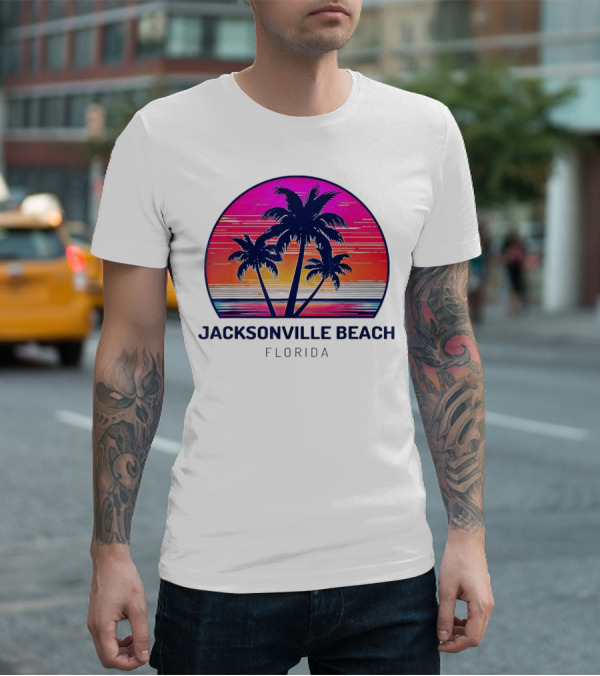 Jacksonville Beach Florida Palm Tree Sunset Circle T-Shirt
