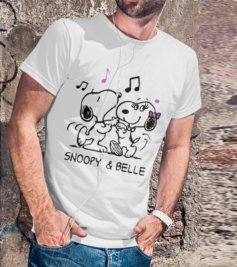 Snoopy And Belle Dancing With Musical Notes And Pink Accents T-Shirt
