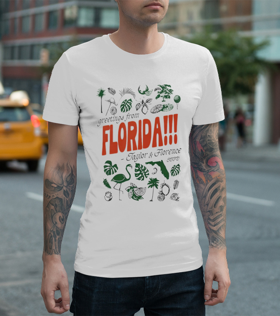 Greetings From Florida Taylor And Florence TTPD Flamingo Palm Map Iconic Tropical T-Shirt