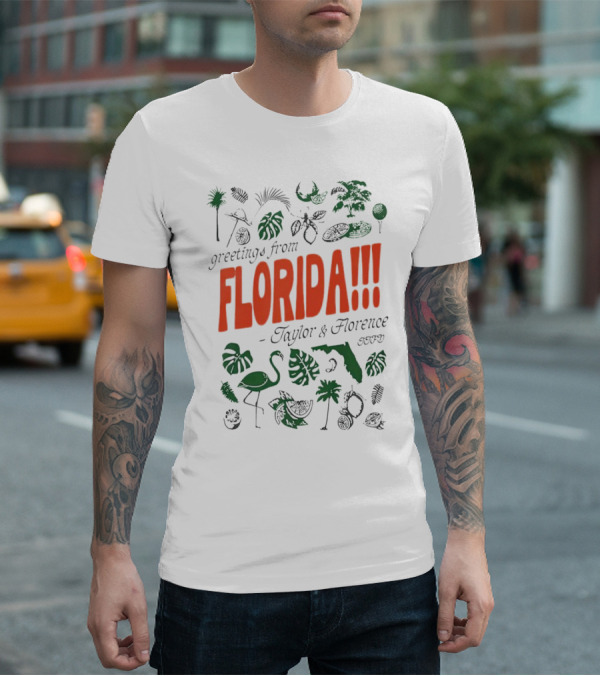 Greetings From Florida Taylor And Florence TTPD Flamingo Palm Map Iconic Tropical T-Shirt