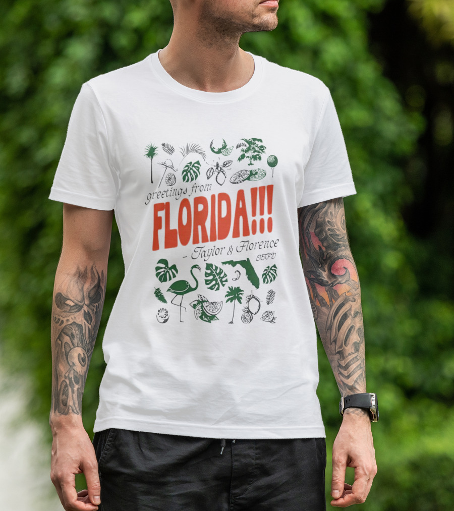 Greetings From Florida Taylor And Florence TTPD Flamingo Palm Map Iconic Tropical T-Shirt
