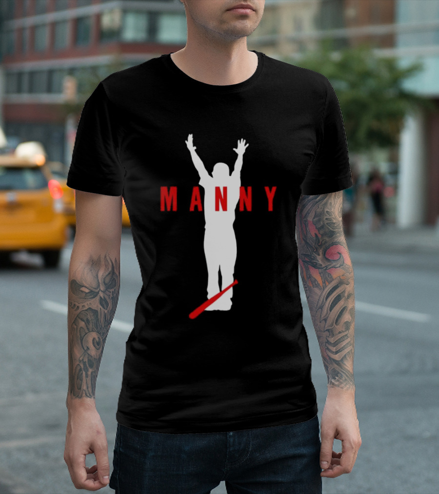 Manny Baseball Bat Silhouette with Raised Arms T-Shirt