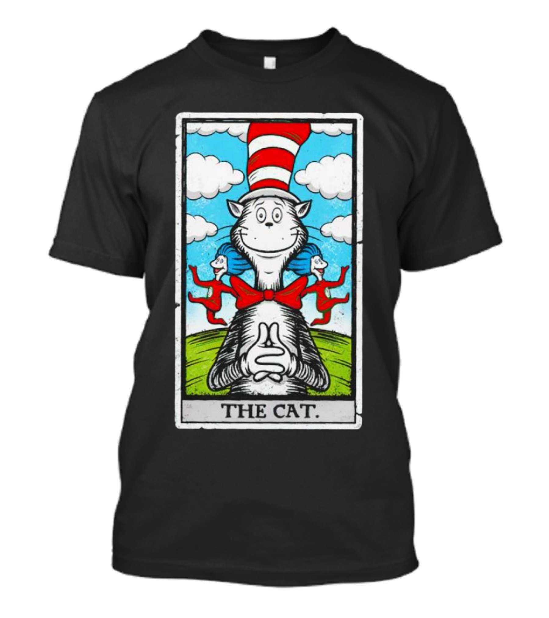 The Cat In The Hat Tarot Card Style Art With Playful Twins And Red Bowtie T-Shirt