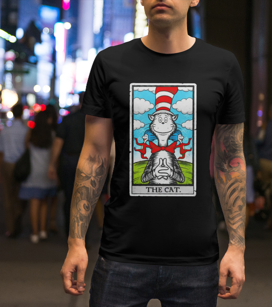 The Cat In The Hat Tarot Card Style Art With Playful Twins And Red Bowtie T-Shirt