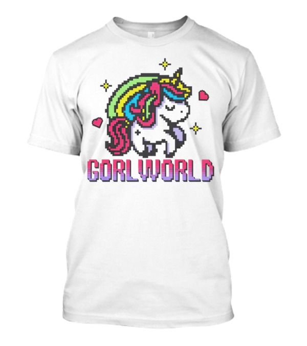 Gorl World Unicorn Retro Pixel Art Rainbow Hearts T-Shirt