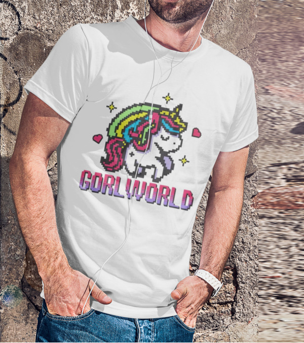 Gorl World Unicorn Retro Pixel Art Rainbow Hearts T-Shirt