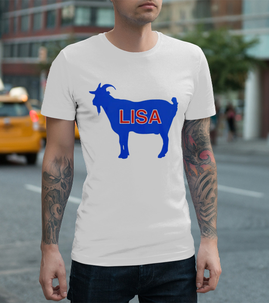 Lisa L Dubbs Goat Silhouette with Name in Bold Red Letters Blue Background T-Shirt