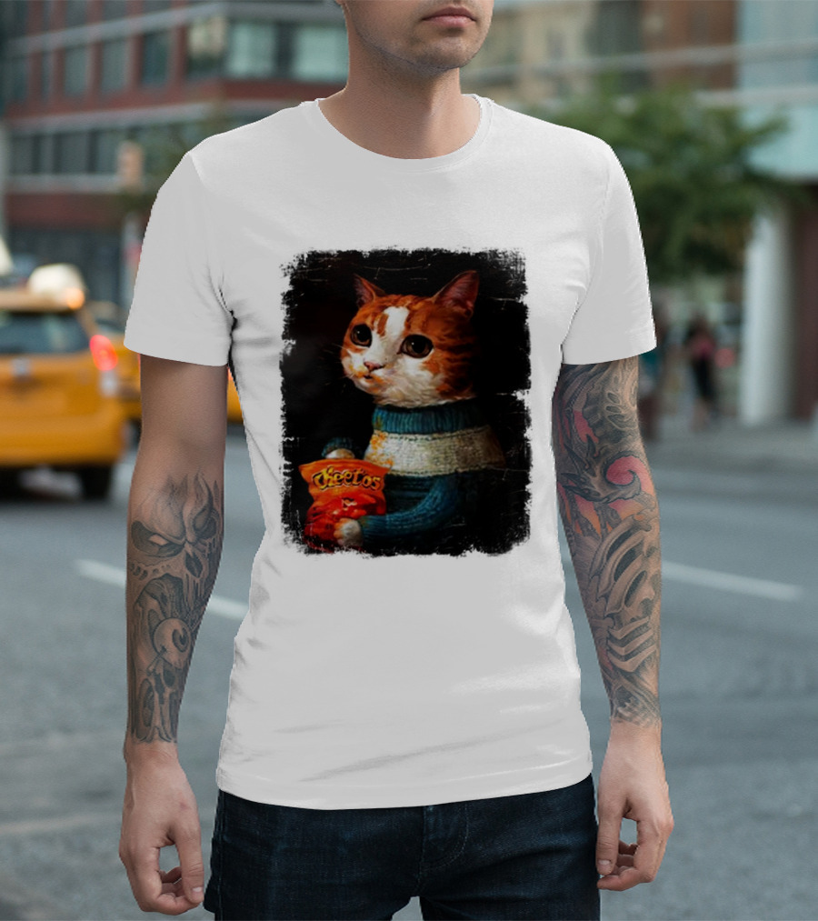 Cheetos Cat Holding Bag in T-Shirt