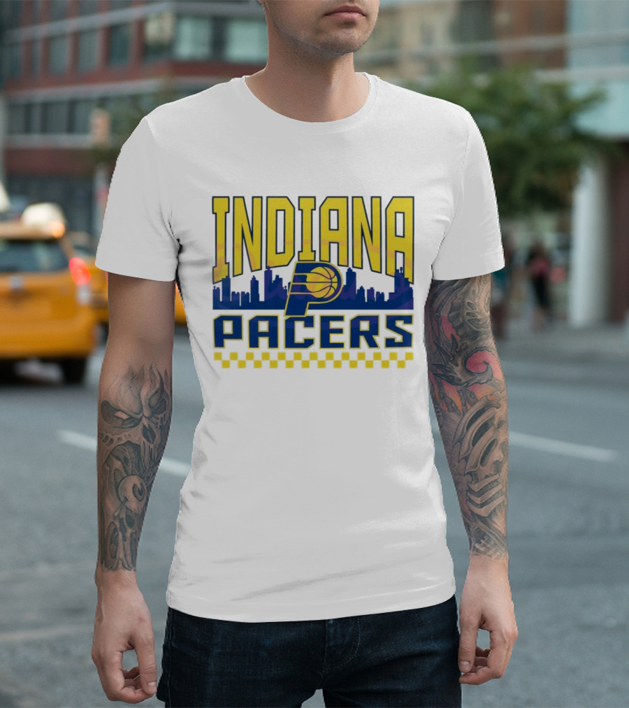Indiana Pacers NBA Logo Skyline With Checkered T-Shirt