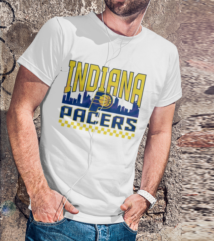 Indiana Pacers NBA Logo Skyline With Checkered T-Shirt