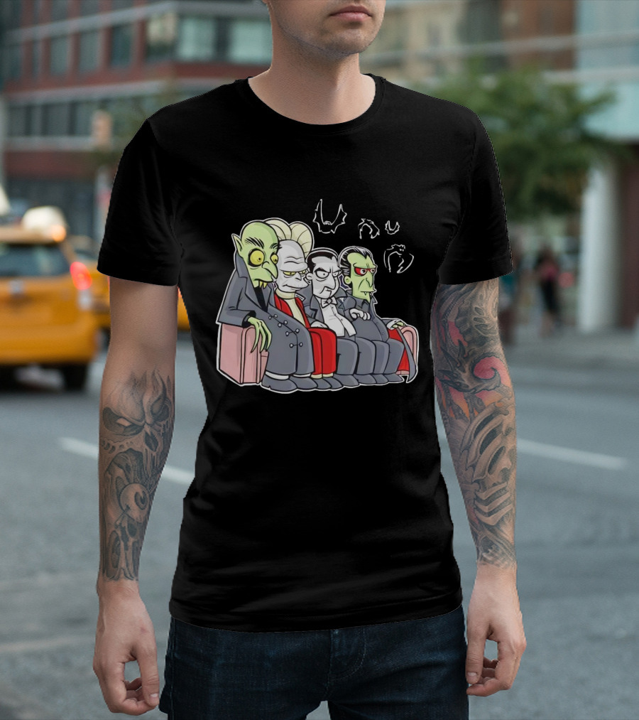 Various Versions of Draculas Seated on a Couch with Bat Symbols T-Shirt