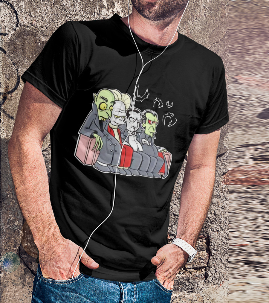 Various Versions Of Draculas Seated On A Couch With Bat Symbols T-Shirt