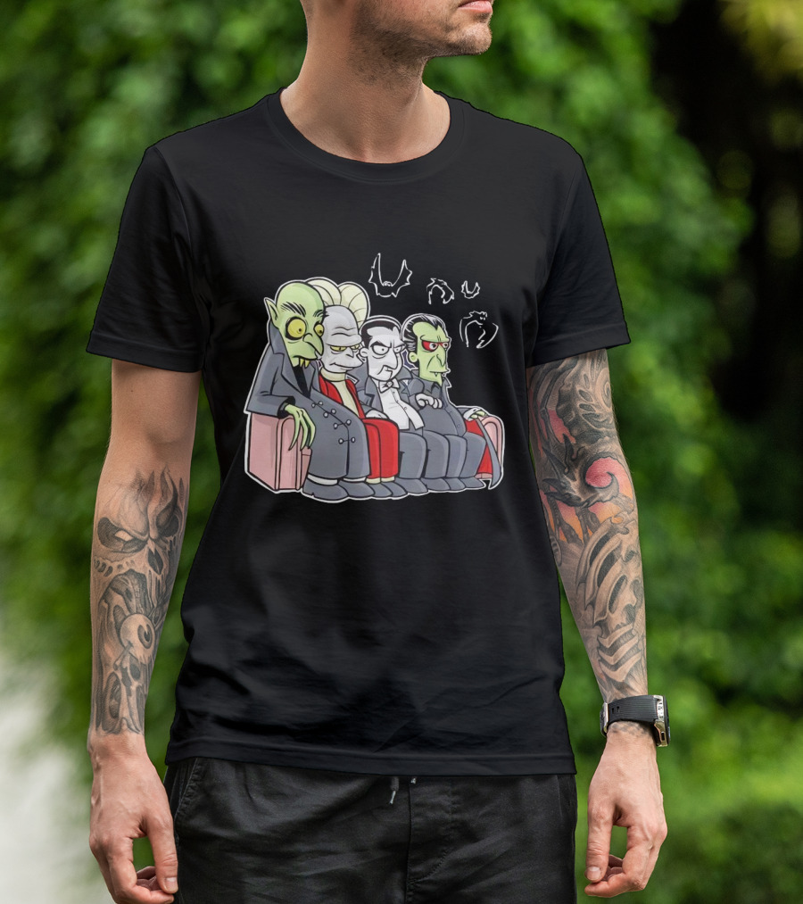 Various Versions Of Draculas Seated On A Couch With Bat Symbols T-Shirt