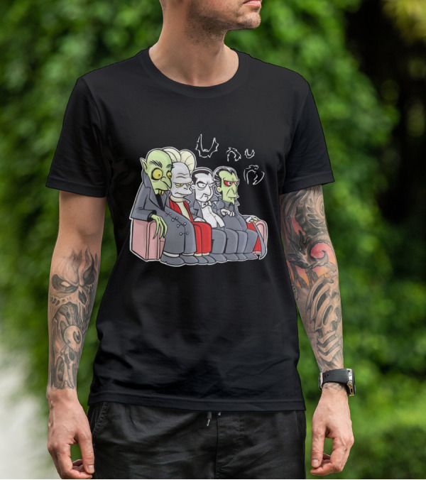 Various Versions Of Draculas Seated On A Couch With Bat Symbols T-Shirt