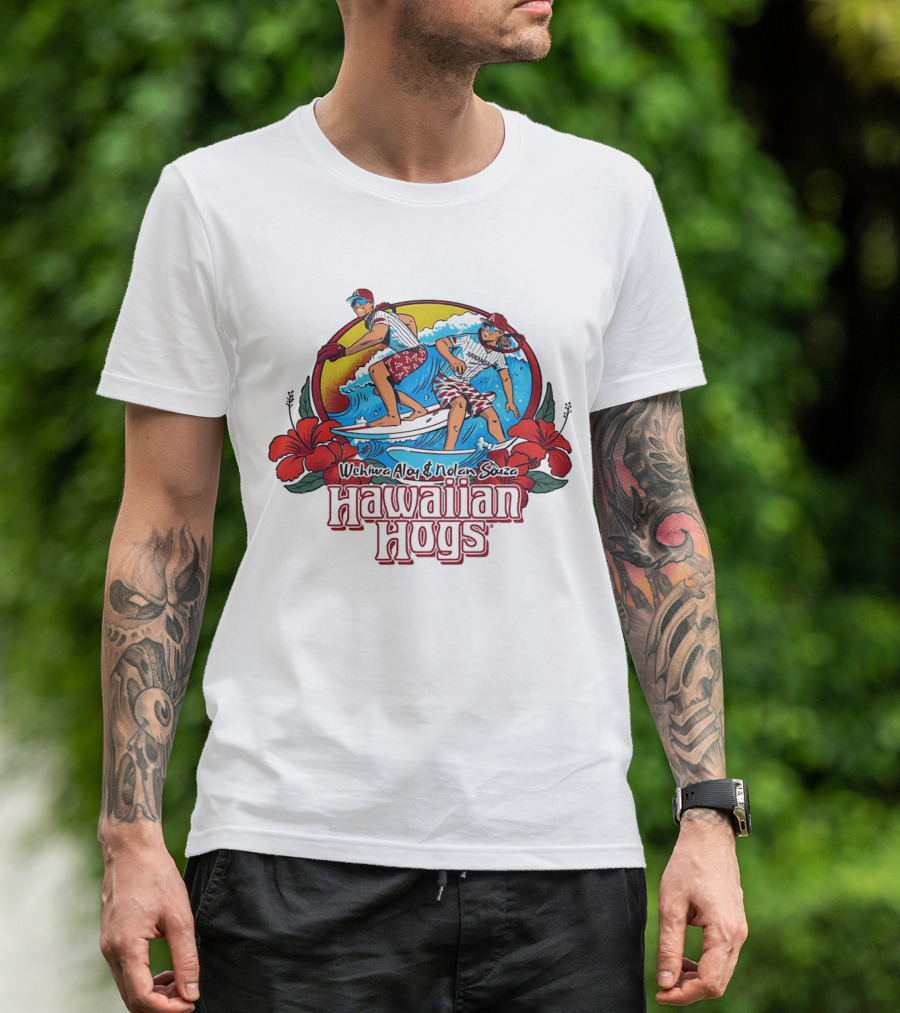 Wehiwa Aloy And Nolan Souza Hawaiian Hogs Surfing Razorbacks Baseball Flowers Beach Sun T-Shirt