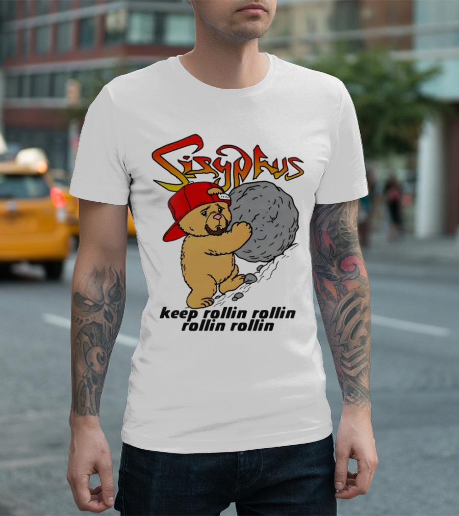 Sisyphus Keep Rollin Rollin Rollin Rollin Bear with Boulder Red Cap T-Shirt