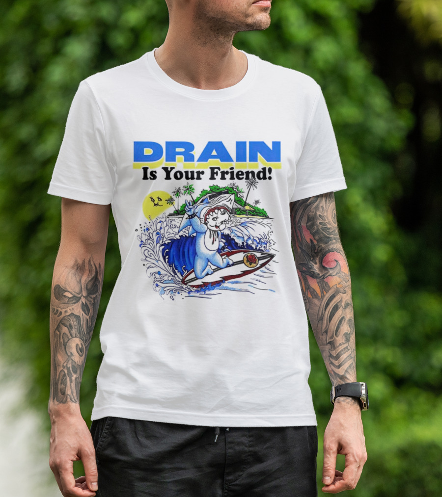 Drain Is Your Friend Surfing Dog Island Moon Scene T-Shirt