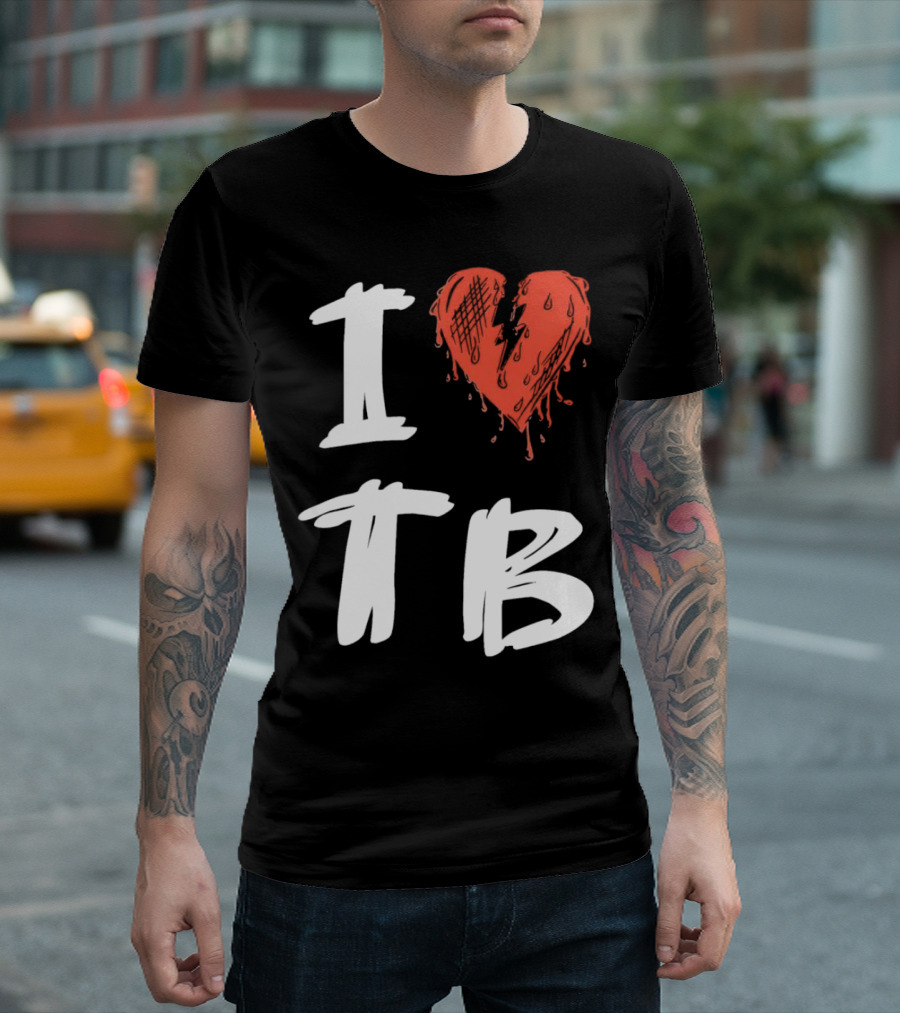 I Love TB Heart Icon With Dripping Red and Black Details Tragedy Boiz T-Shirt