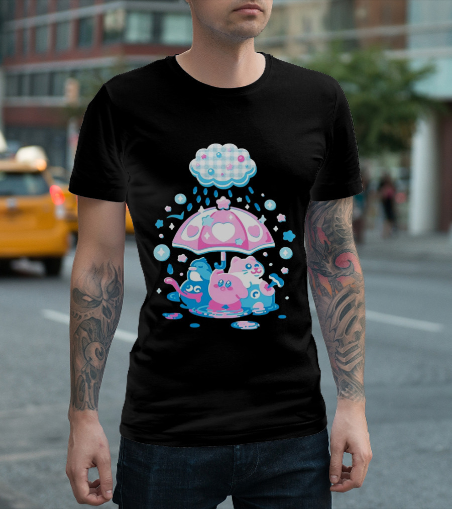 Kirby Gooey and Rick Under Heart Umbrella with Stars and Raindrops T-Shirt