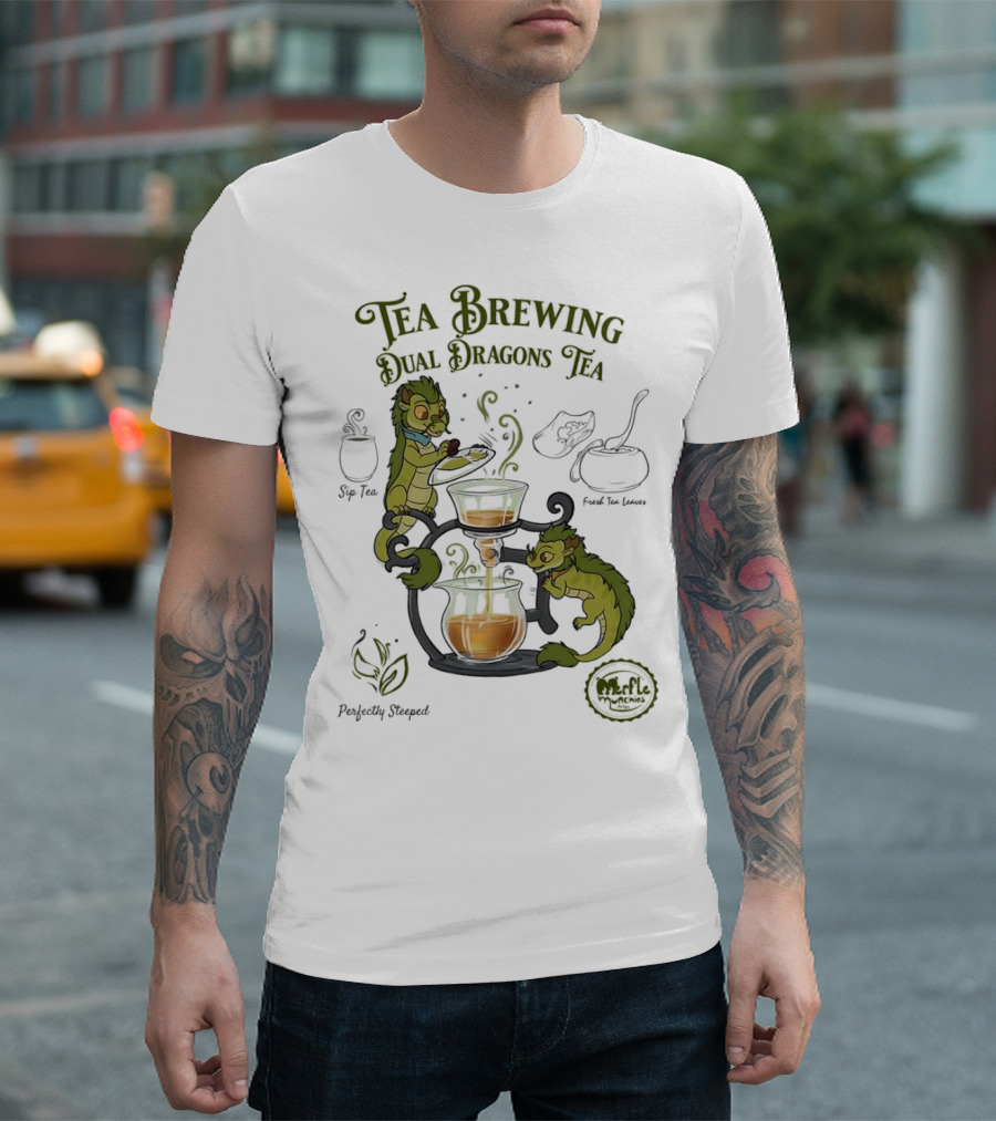Tea Brewing Dual Dragons Sip Tea Perfectly Steeped Leaf and Kettle T-Shirt