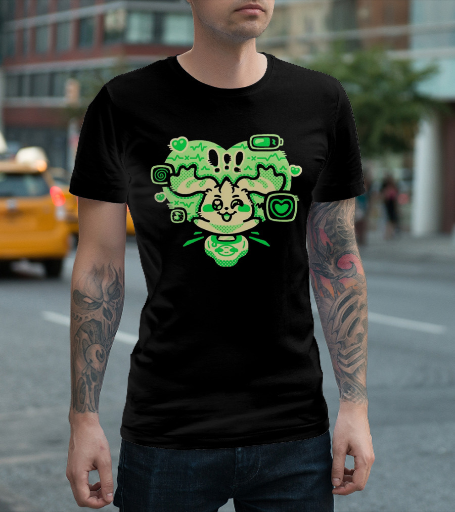 Terriermon Digimon Iconic Green Heartbeat Motif With Digital Symbols T-Shirt