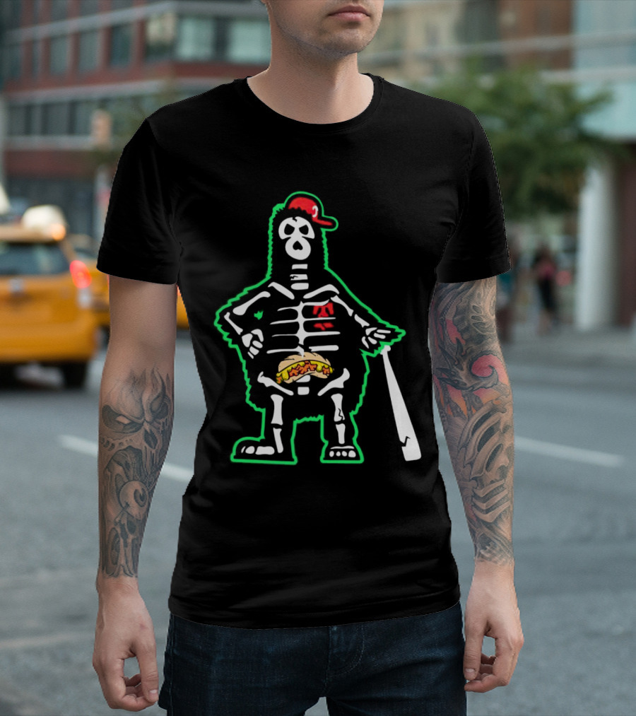 Phillie Phanatic Skeleton with Baseball Bat and Hot Dog Belly T-Shirt