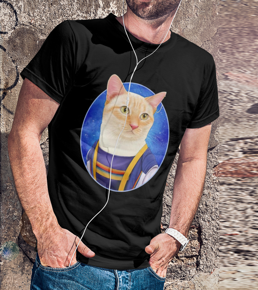 13th Doctor Mew Cat In Space-Themed Outfit With Blue Background T-Shirt